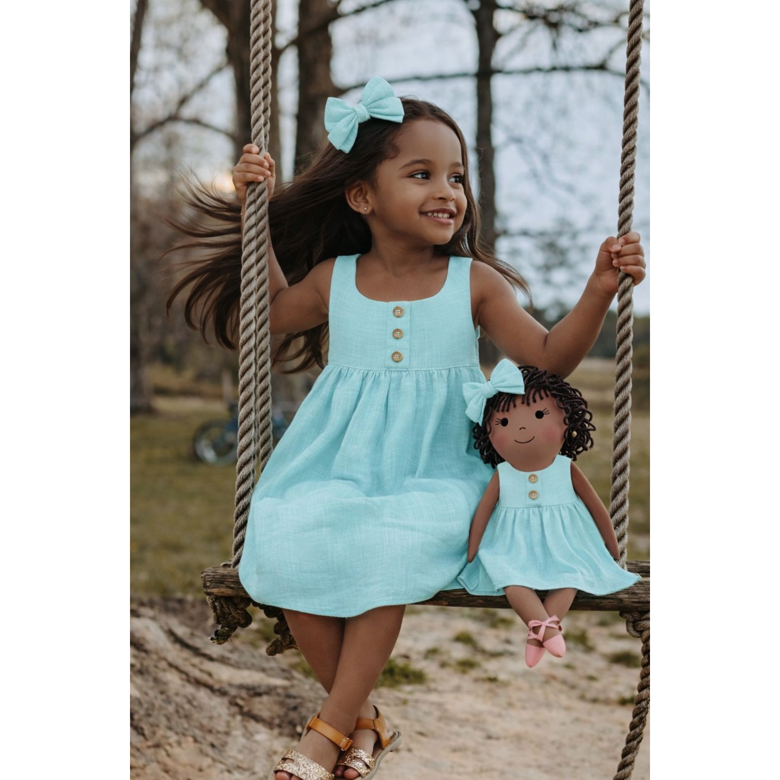 Girls Classic Green Dress & Matching Doll Set – Handmade Cotton, Bella 1–2 Years