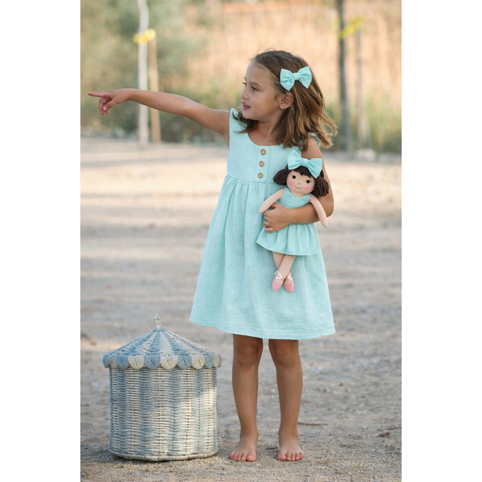 Girls Classic Green Dress & Matching Doll Set – Handmade Cotton, Alice 7–8 Years