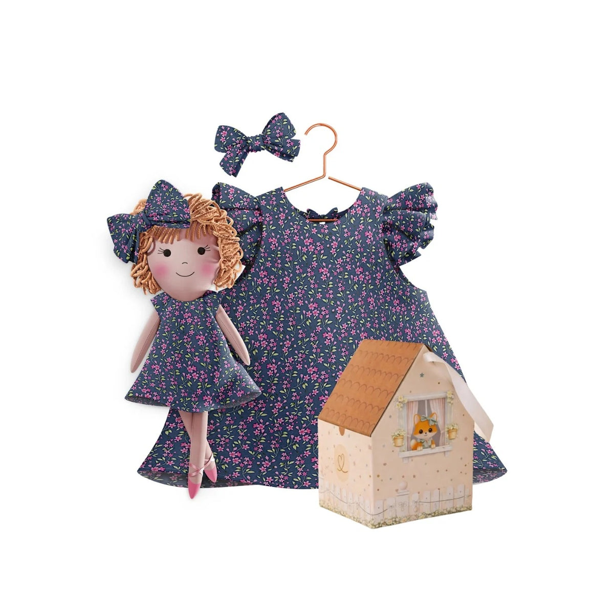 Blossom dress and doll Annie with gift box - true fabric color