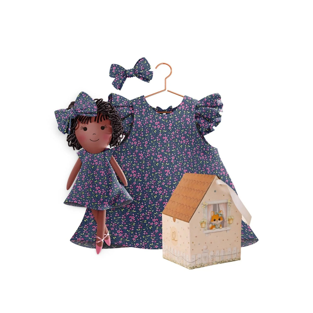 Blossom dress and doll Bella with gift box - true fabric color