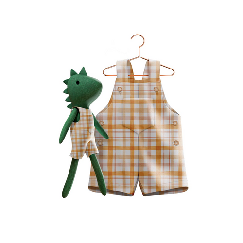 Boys Gingham Romper & Matching Plush Toy – Handmade Cotton, Dino – detail