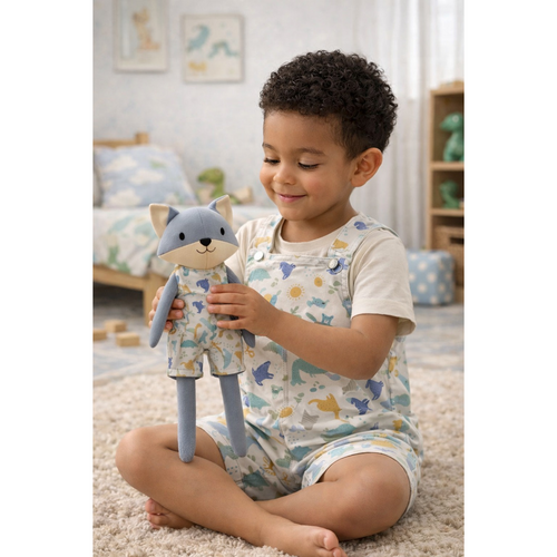 Boys Dino Romper & Matching Plush Toy – Handmade Cotton, Mr. Fox