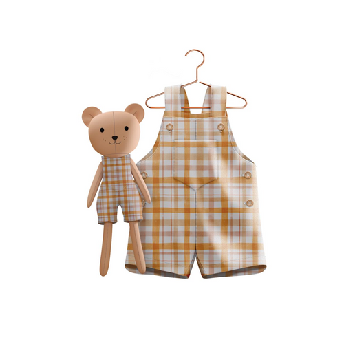 Boys Gingham Romper & Matching Plush Toy – Handmade Cotton, Teddy Bear – detail