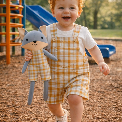 Boys Gingham Romper & Matching Plush Toy – Handmade Cotton, Mr. Fox