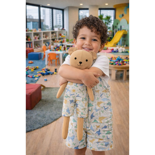 Boys Dino Romper & Matching Plush Toy – Handmade Cotton, Teddy Bear