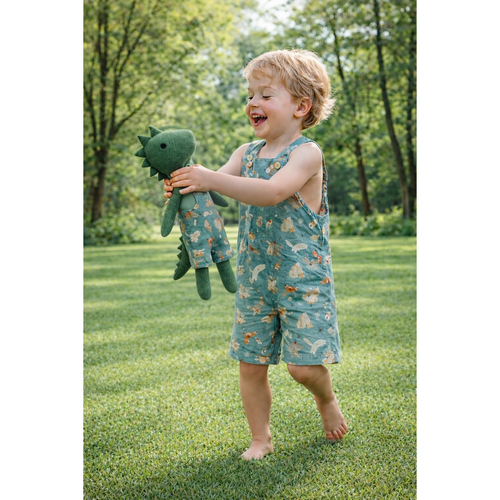 Boys Woodland Romper & Matching Plush Toy – Handmade Cotton, Dino