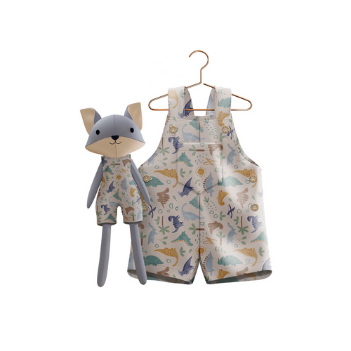 Boys Dino Romper & Matching Plush Toy – Handmade Cotton, Mr. Fox – detail