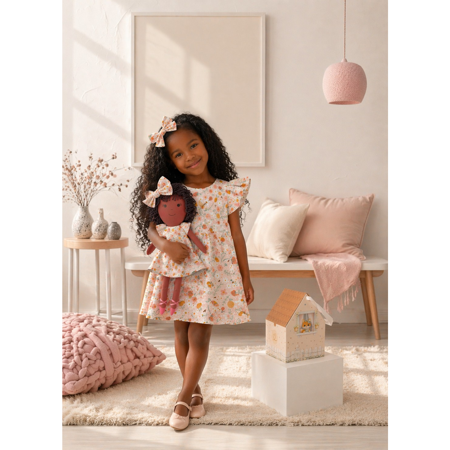 Girls Picnic Dress & Matching Doll Set – Handmade Cotton, Bella 1–2 Years