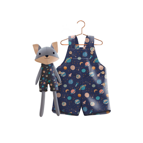 Boys Space Romper & Matching Plush Toy – Handmade Cotton, Mr. Fox – detail