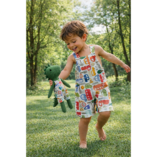Boys Cars Romper & Matching Plush Toy – Handmade Cotton, Dino