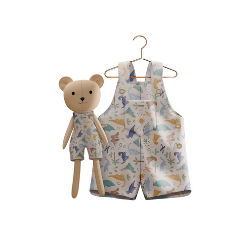 Boys Dino Romper & Matching Plush Toy – Handmade Cotton, Teddy Bear – detail