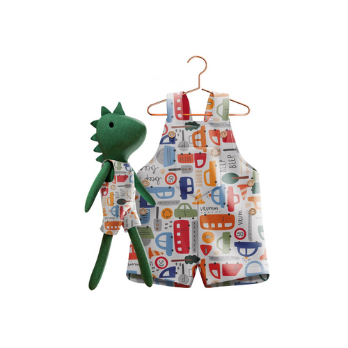 Boys Cars Romper & Matching Plush Toy – Handmade Cotton, Dino – detail