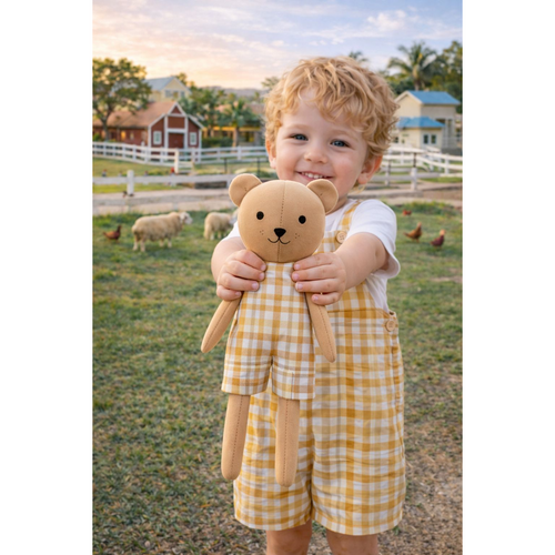 Boys Gingham Romper & Matching Plush Toy – Handmade Cotton, Teddy Bear