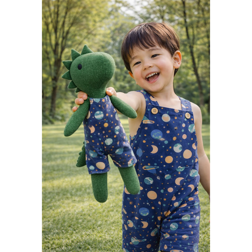 Boys Space Romper & Matching Plush Toy – Handmade Cotton, Dino