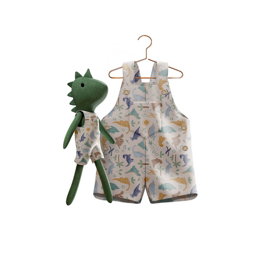 Boys Dino Romper & Matching Plush Toy – Handmade Cotton, Dino – detail