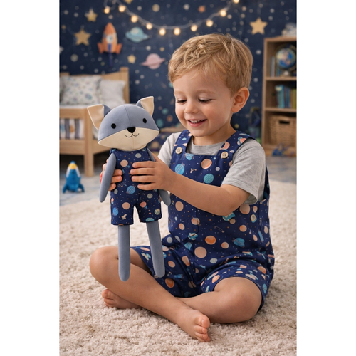 Boys Space Romper & Matching Plush Toy – Handmade Cotton, Mr. Fox