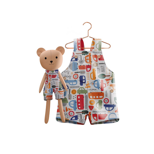 Boys Cars Romper & Matching Plush Toy – Handmade Cotton, Teddy Bear – detail