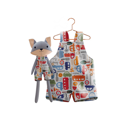 Boys Cars Romper & Matching Plush Toy – Handmade Cotton, Mr. Fox – detail