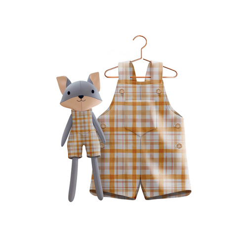 Boys Gingham Romper & Matching Plush Toy – Handmade Cotton, Mr. Fox – detail