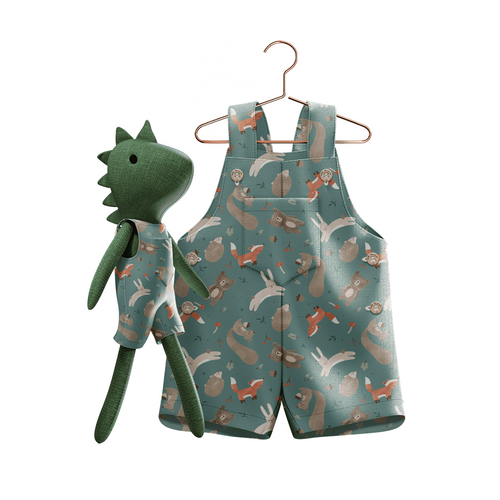Boys Woodland Romper & Matching Plush Toy – Handmade Cotton, Dino – detail