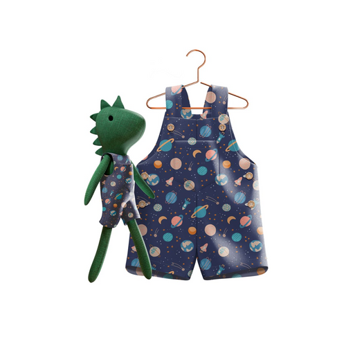 Boys Space Romper & Matching Plush Toy – Handmade Cotton, Dino – detail