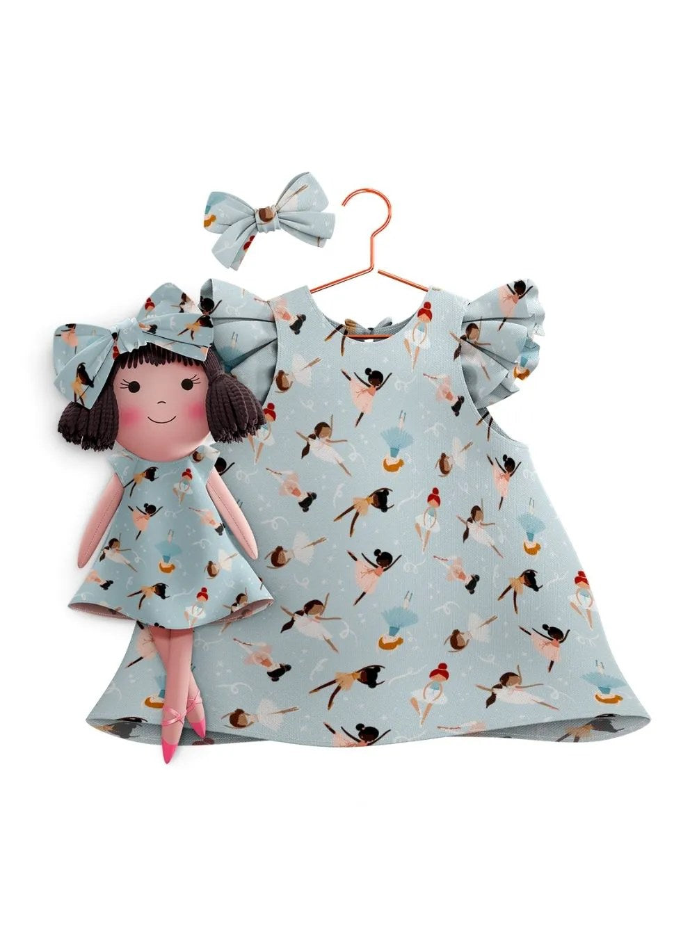 Girls cotton dress with matching handmade cloth doll