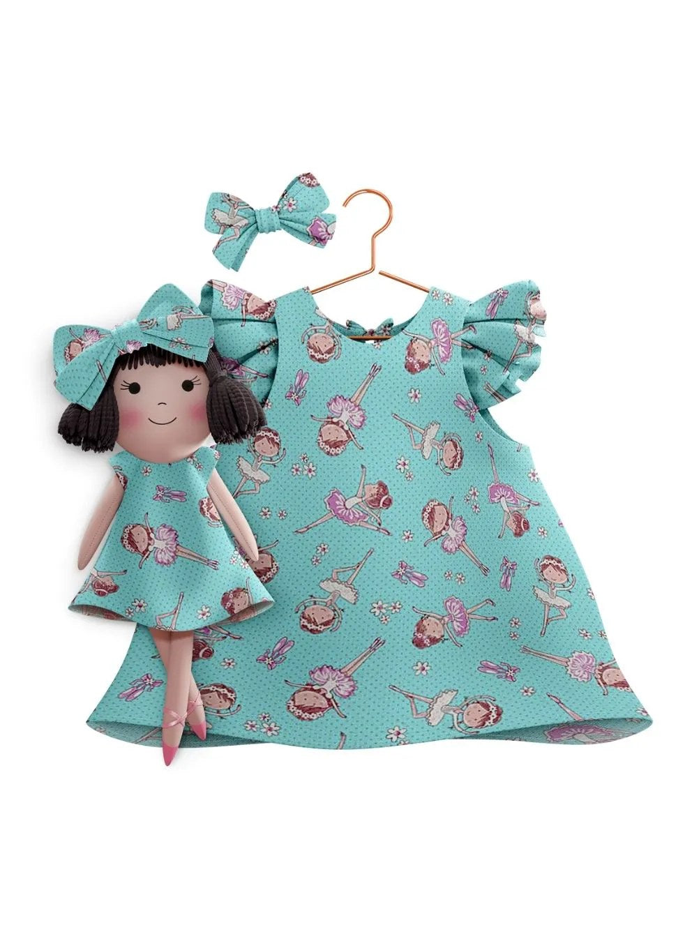 Girls cotton dress with matching handmade cloth doll