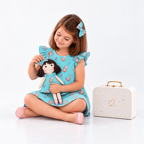 Girl in Ballet dress holding matching Alice doll, with Petit Case