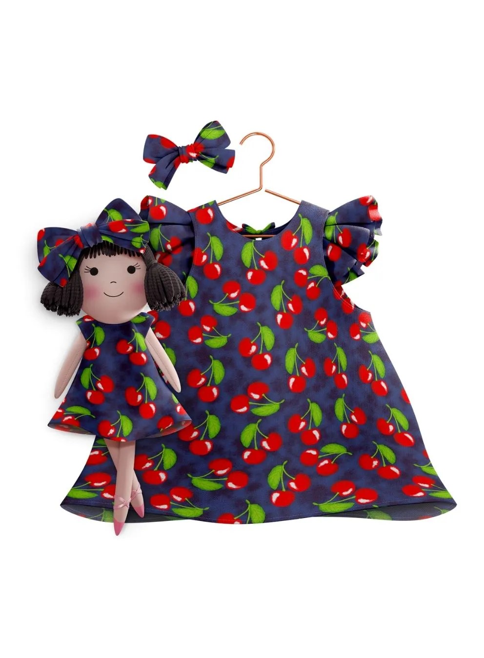 Girls cotton dress with matching handmade cloth doll