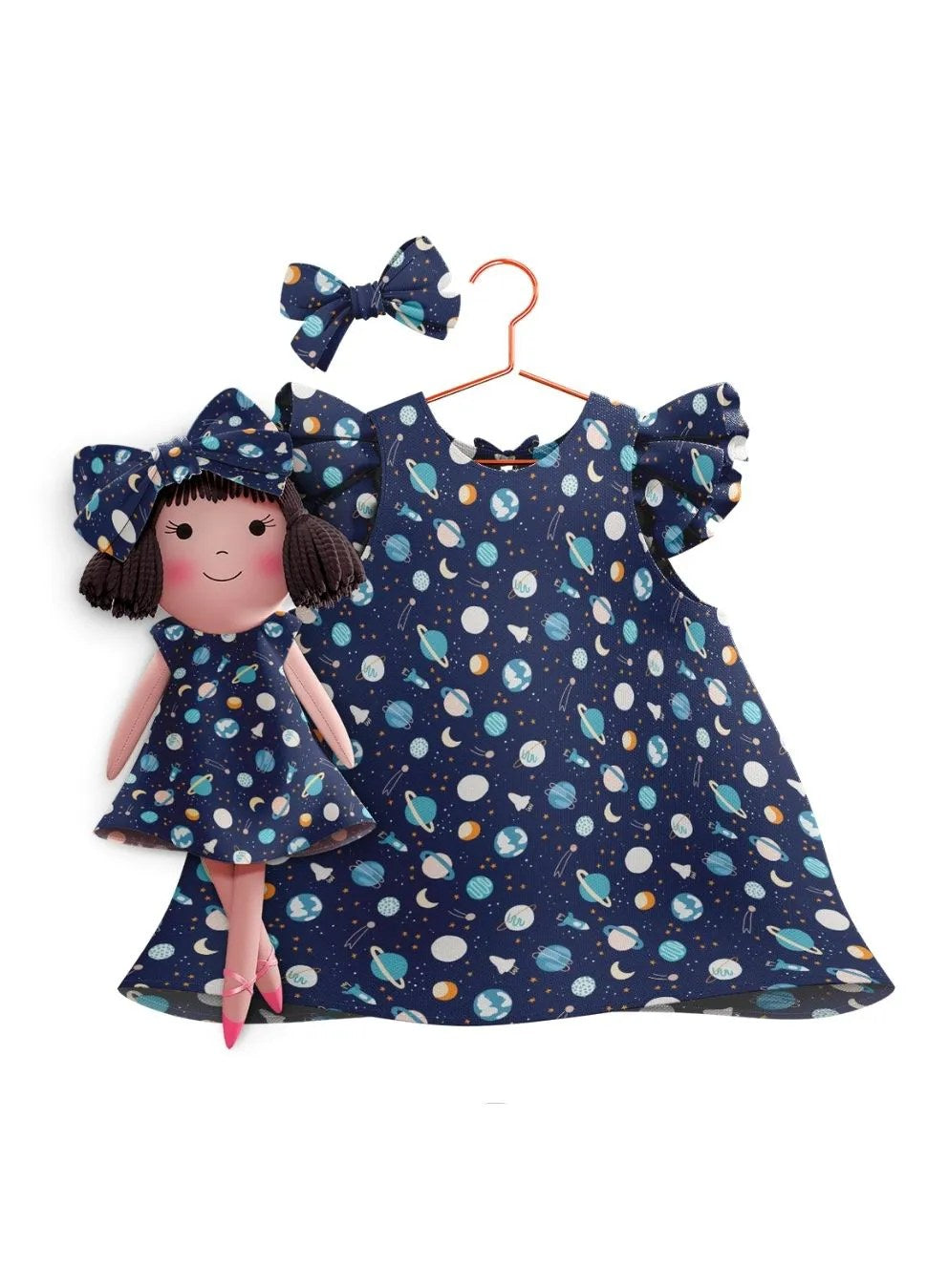 Girls cotton dress with matching handmade cloth doll