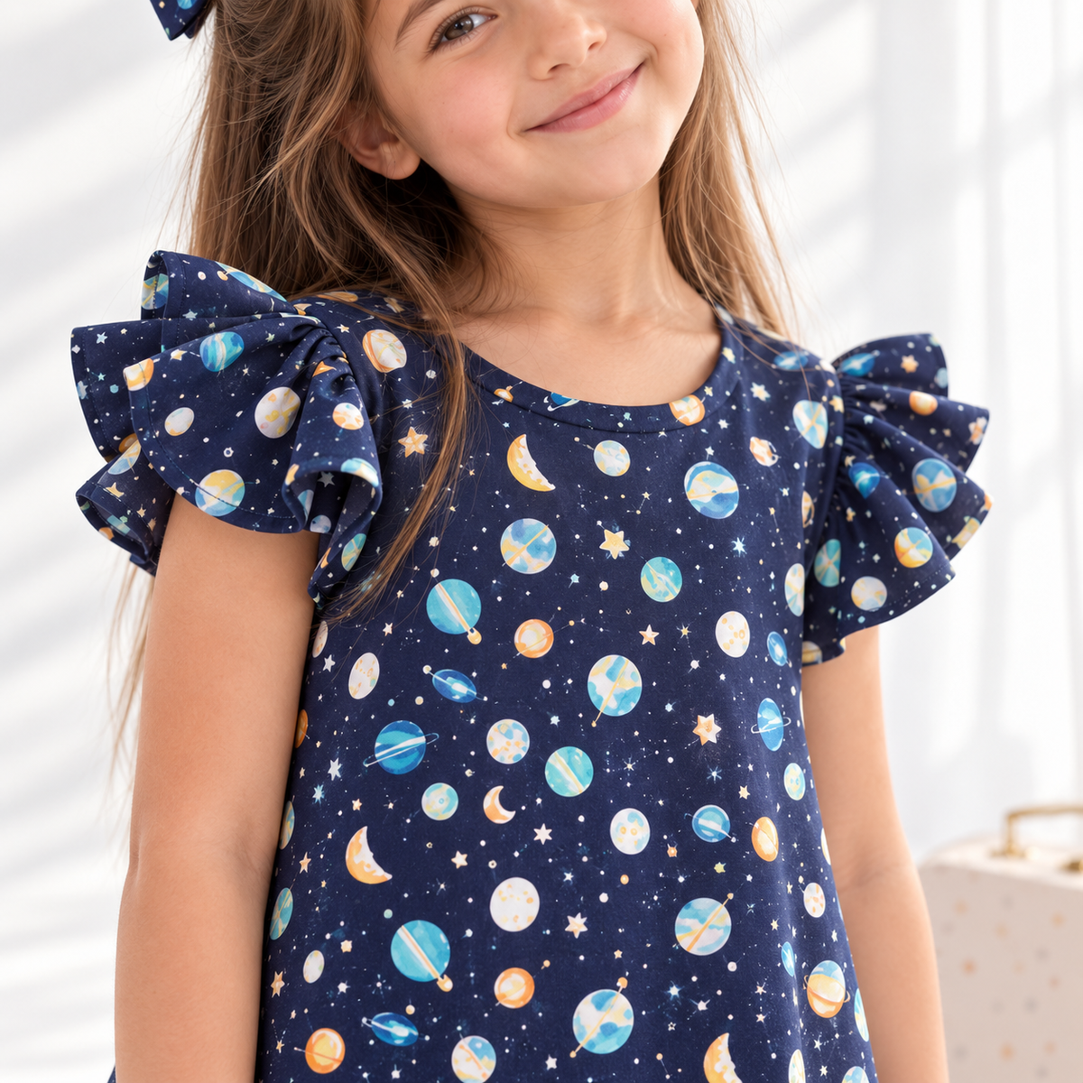 Girl in Space dress holding matching Alice doll, with Petit Case
