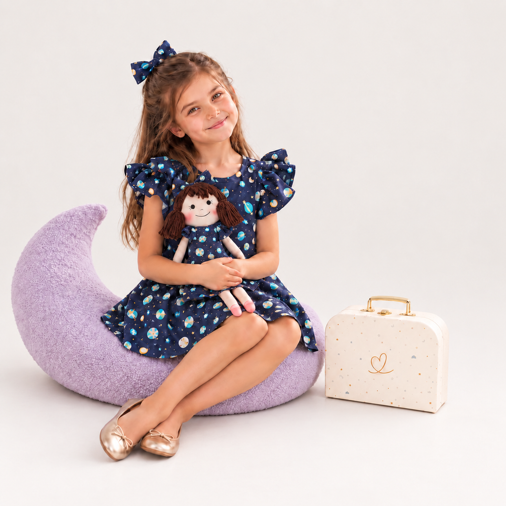 Girl in Space dress holding matching Alice doll, with Petit Case