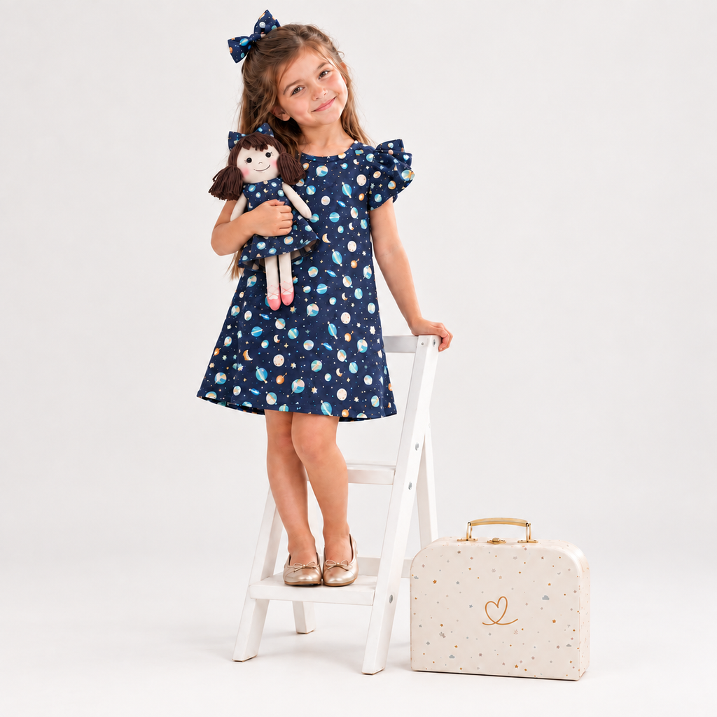Girl in Space dress holding matching Alice doll, with Petit Case