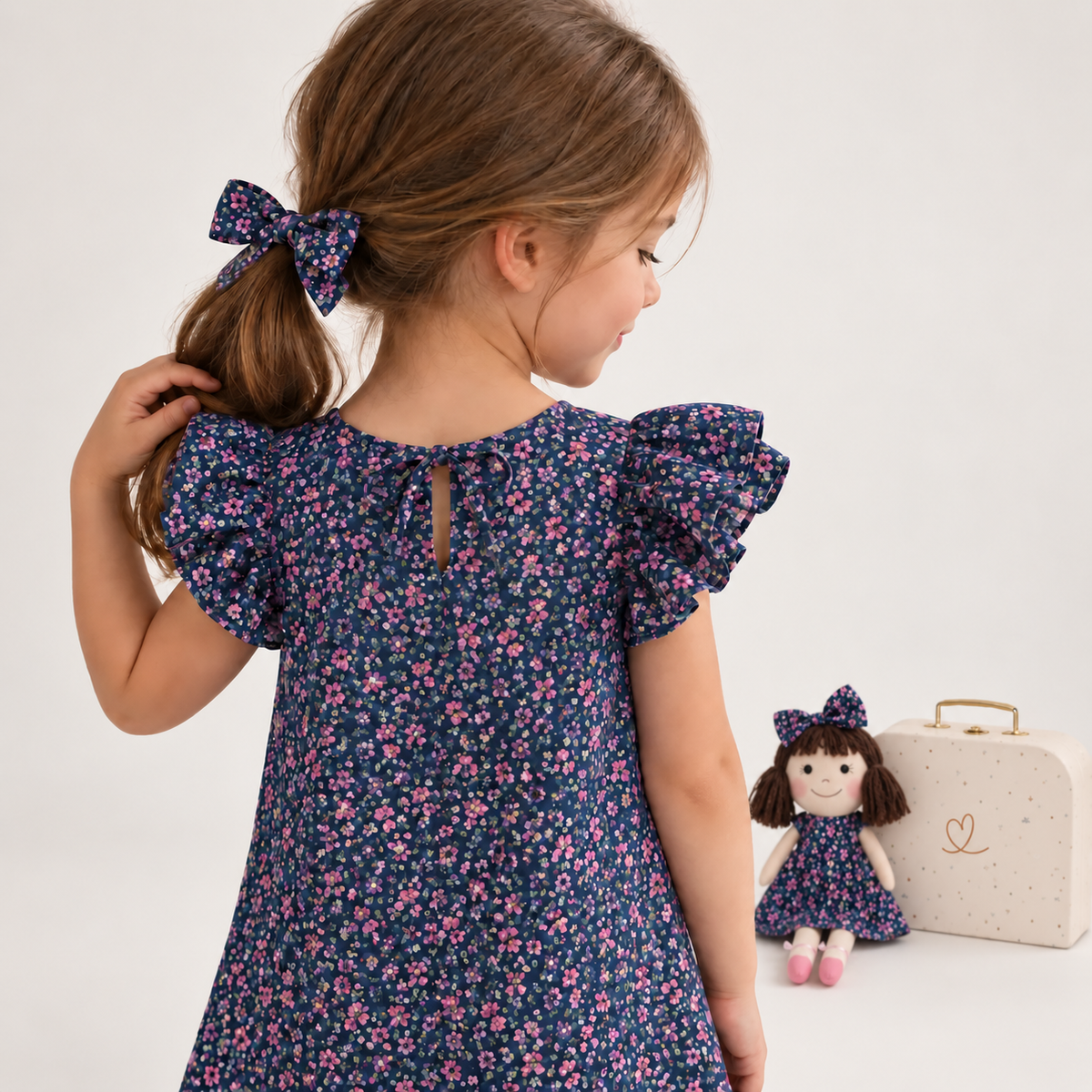 Girl in Blossom dress holding matching Alice doll, with Petit Case