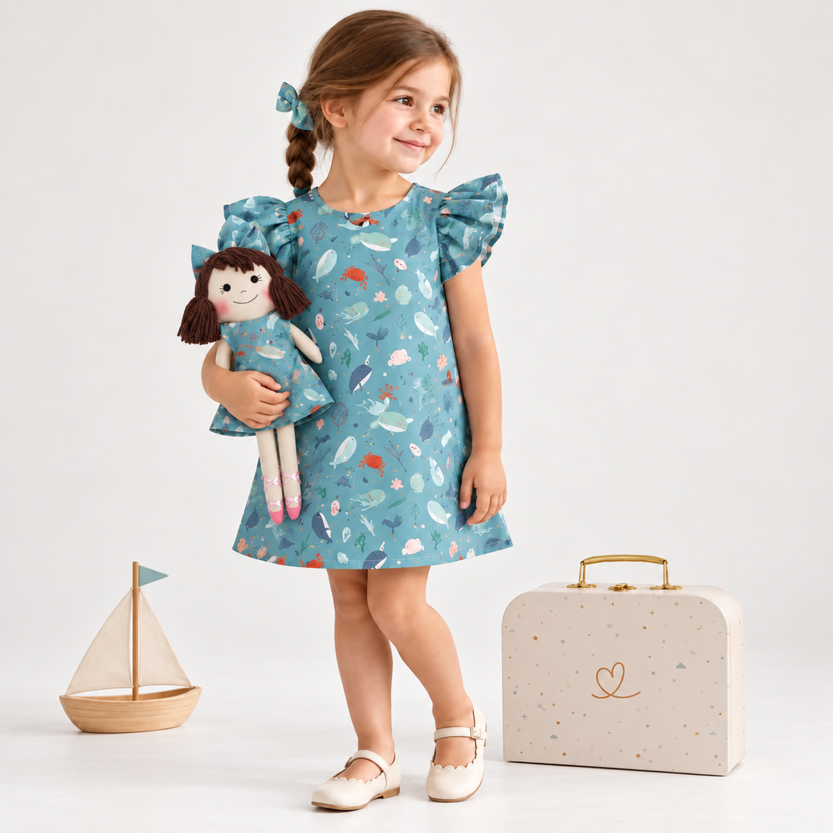 Girl in Under the Sea dress holding matching Alice doll, with Petit Case