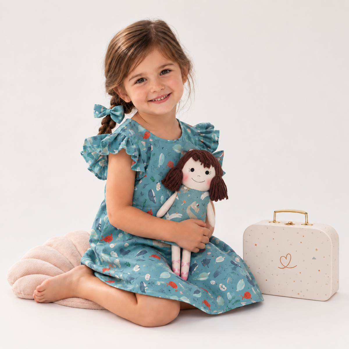 Girl in Under the Sea dress holding matching Alice doll, with Petit Case