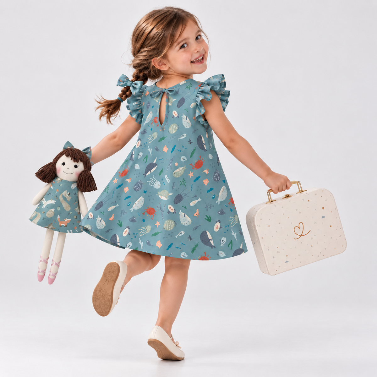 Girl in Under the Sea dress holding matching Alice doll, with Petit Case