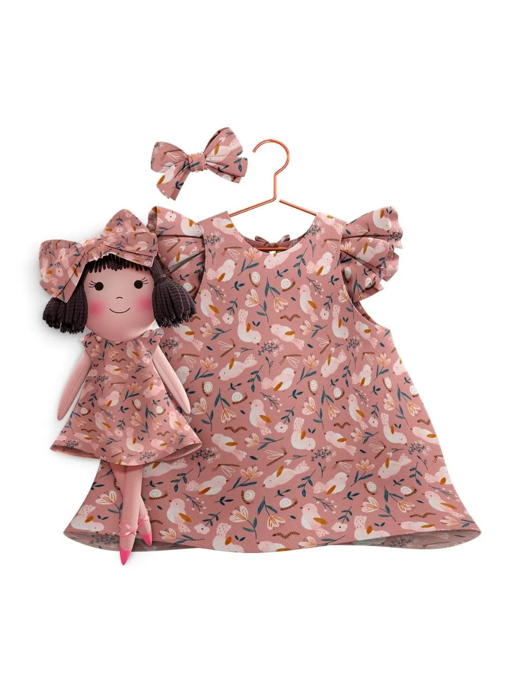 Girls cotton dress with matching handmade cloth doll