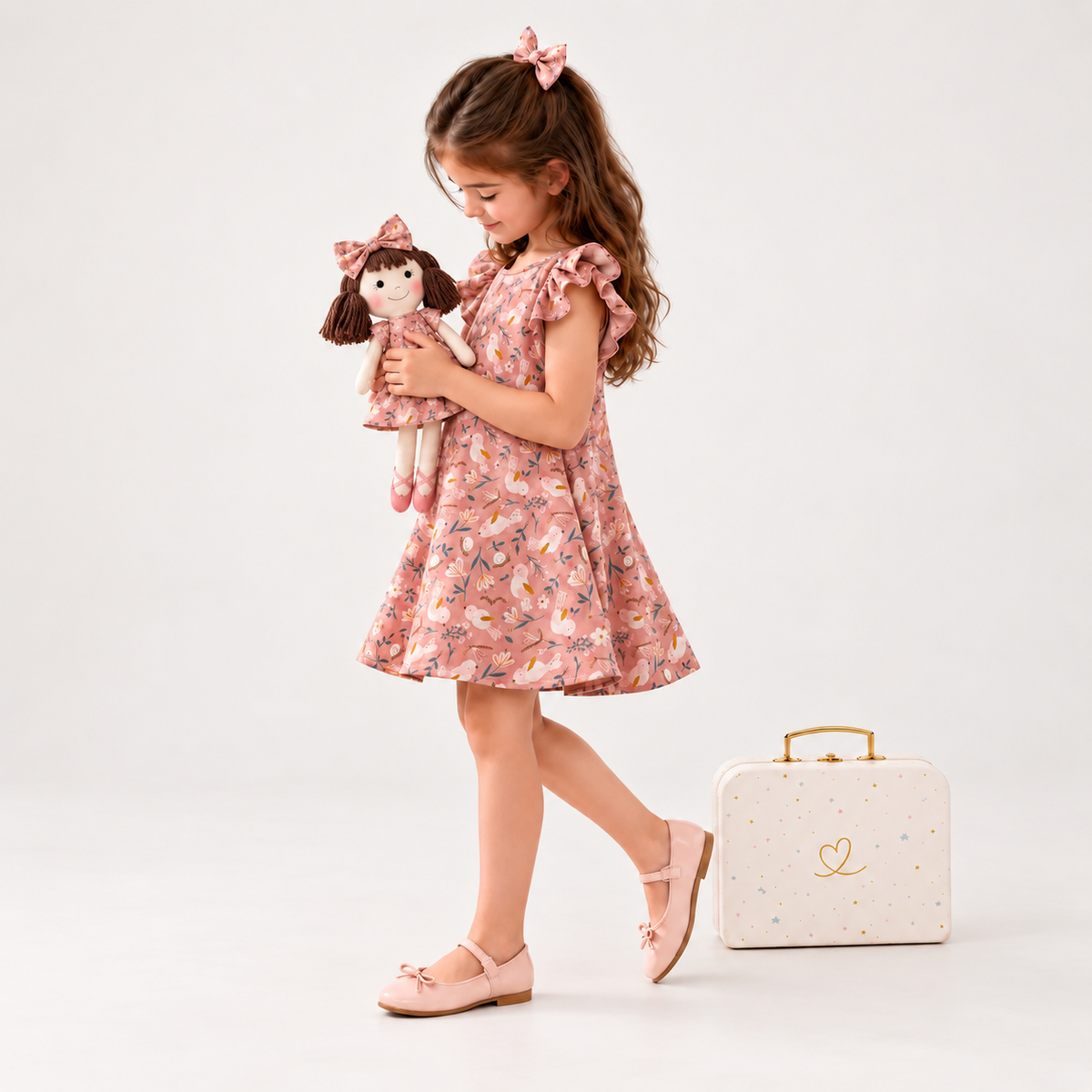 Girl in Garden dress holding matching Alice doll, with Petit Case