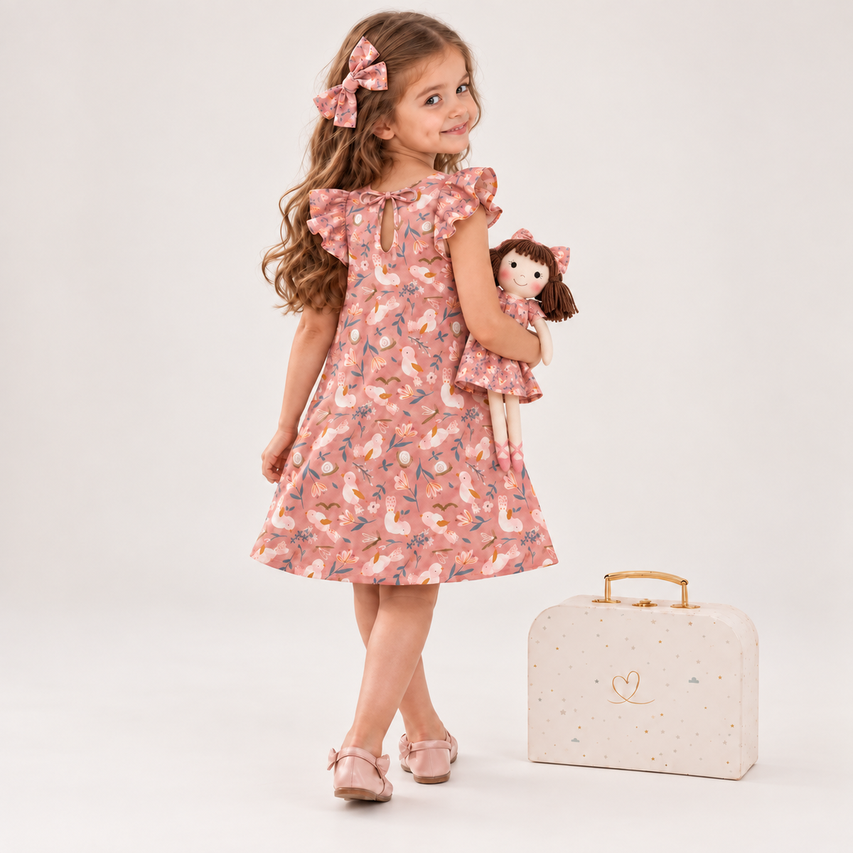 Girl in Garden dress holding matching Alice doll, with Petit Case