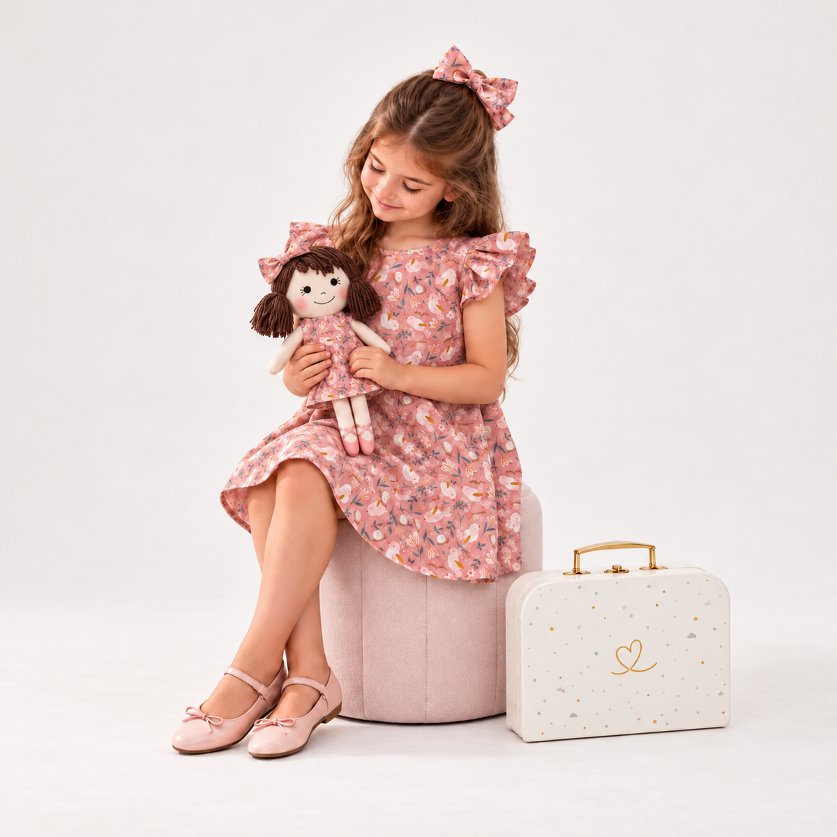 Girl in Garden dress holding matching Alice doll, with Petit Case