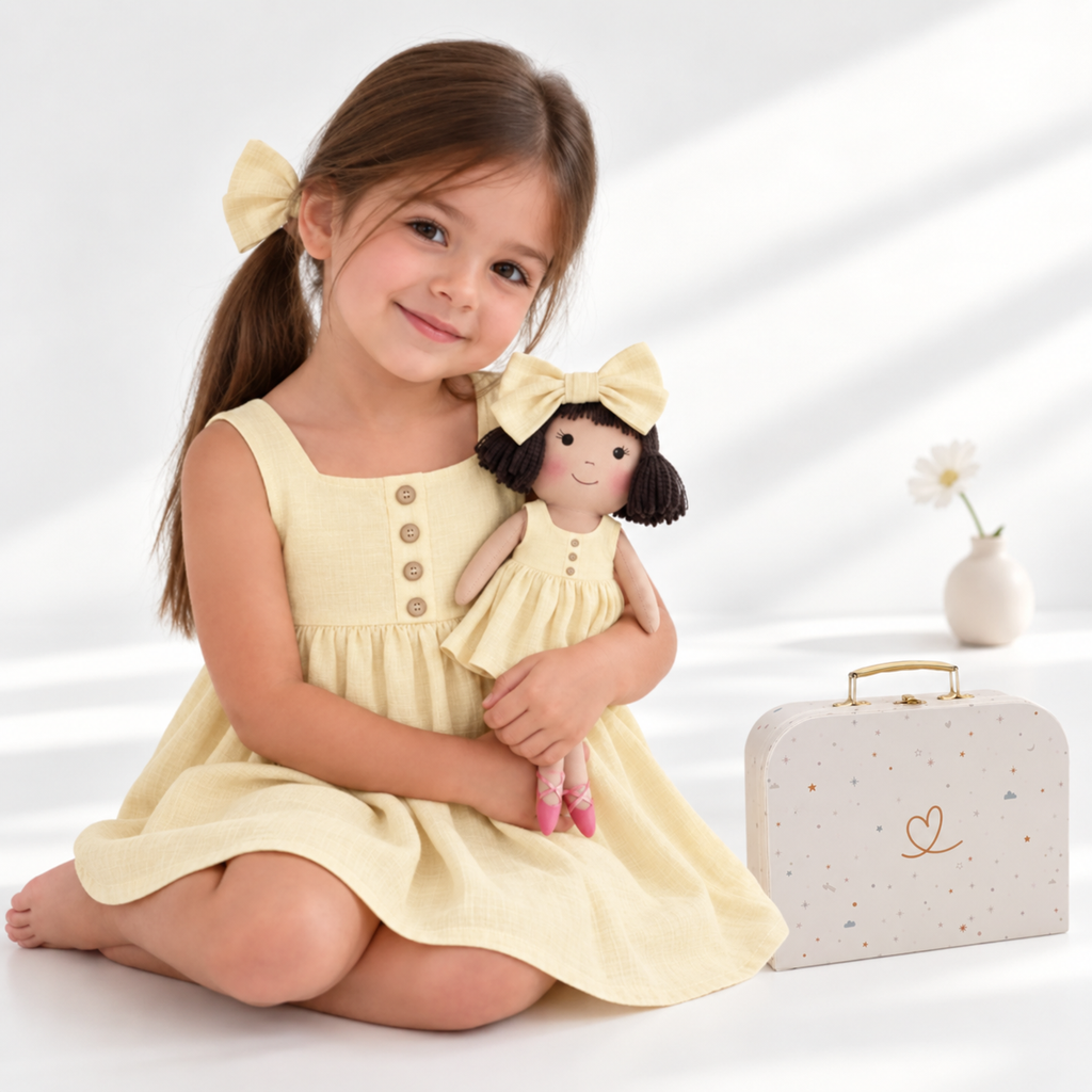 Girl in Classic Yellow dress holding matching Alice doll, with Petit Case