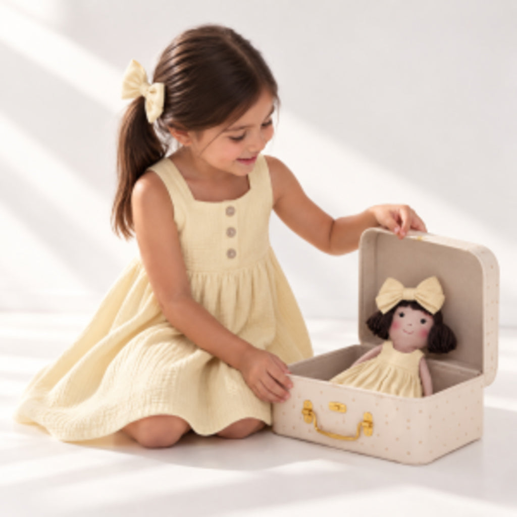 Girl in Classic Yellow dress holding matching Alice doll, with Petit Case