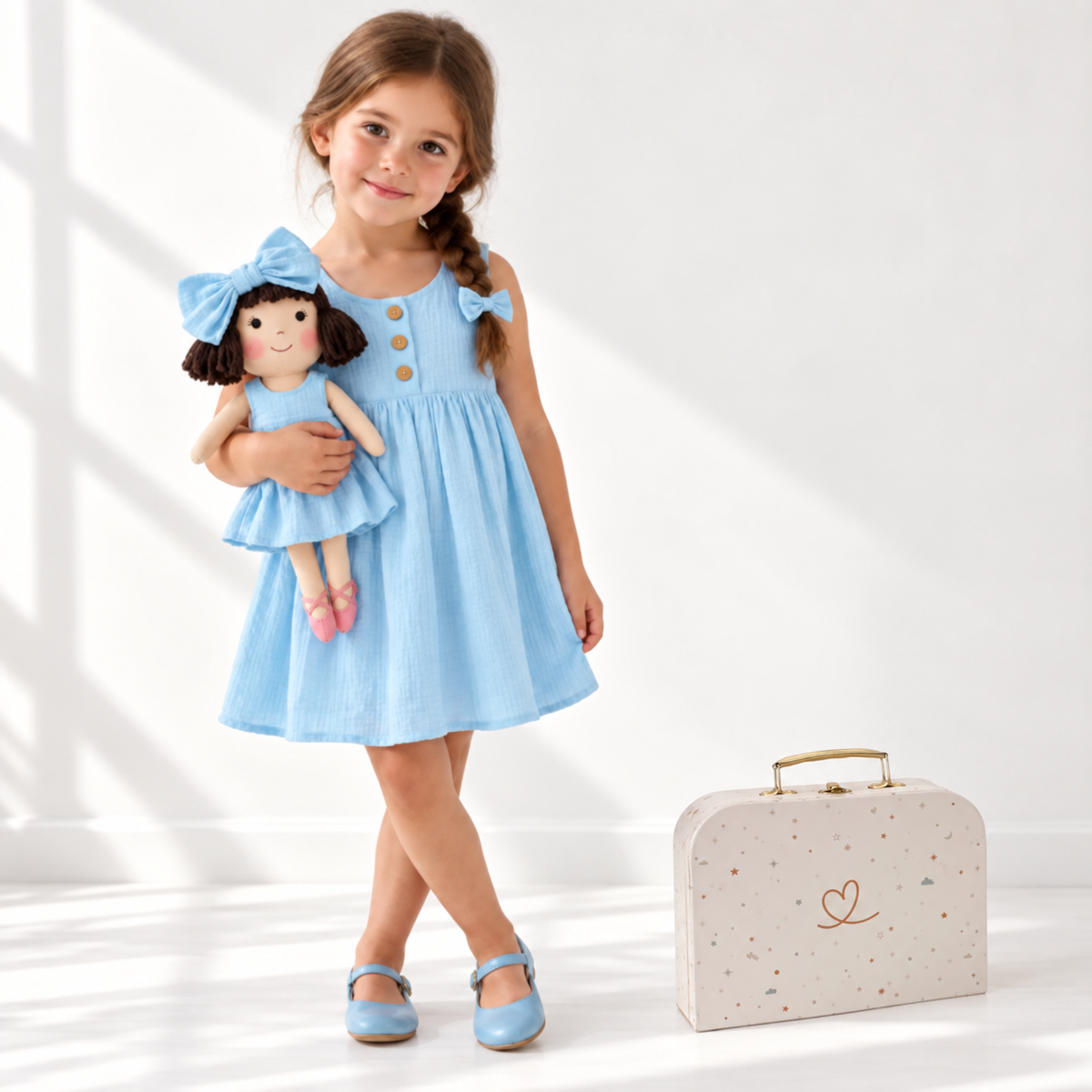 Girl in Classic Blue dress holding matching Alice doll, with Petit Case