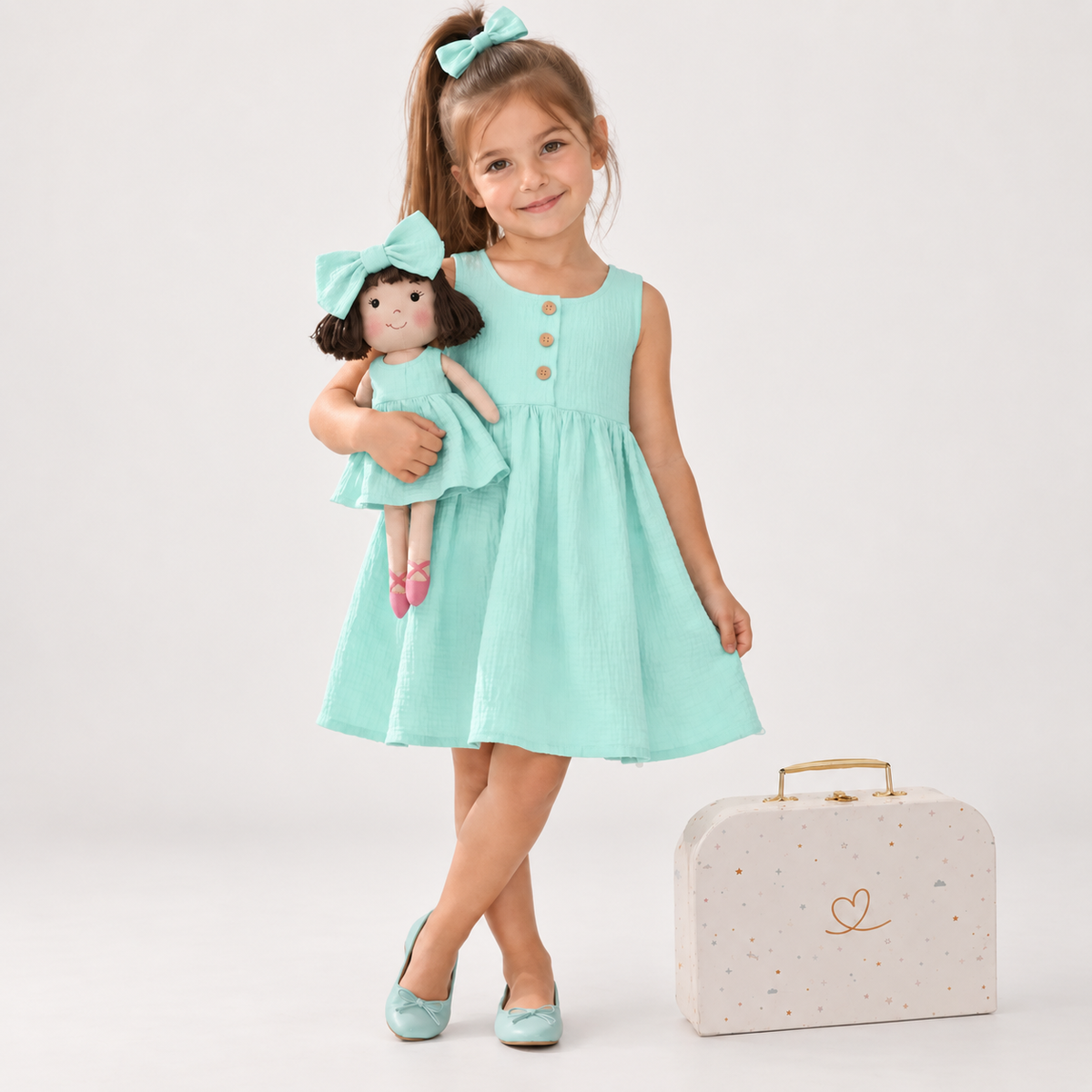 Girl in Classic Green dress holding matching Alice doll, with Petit Case
