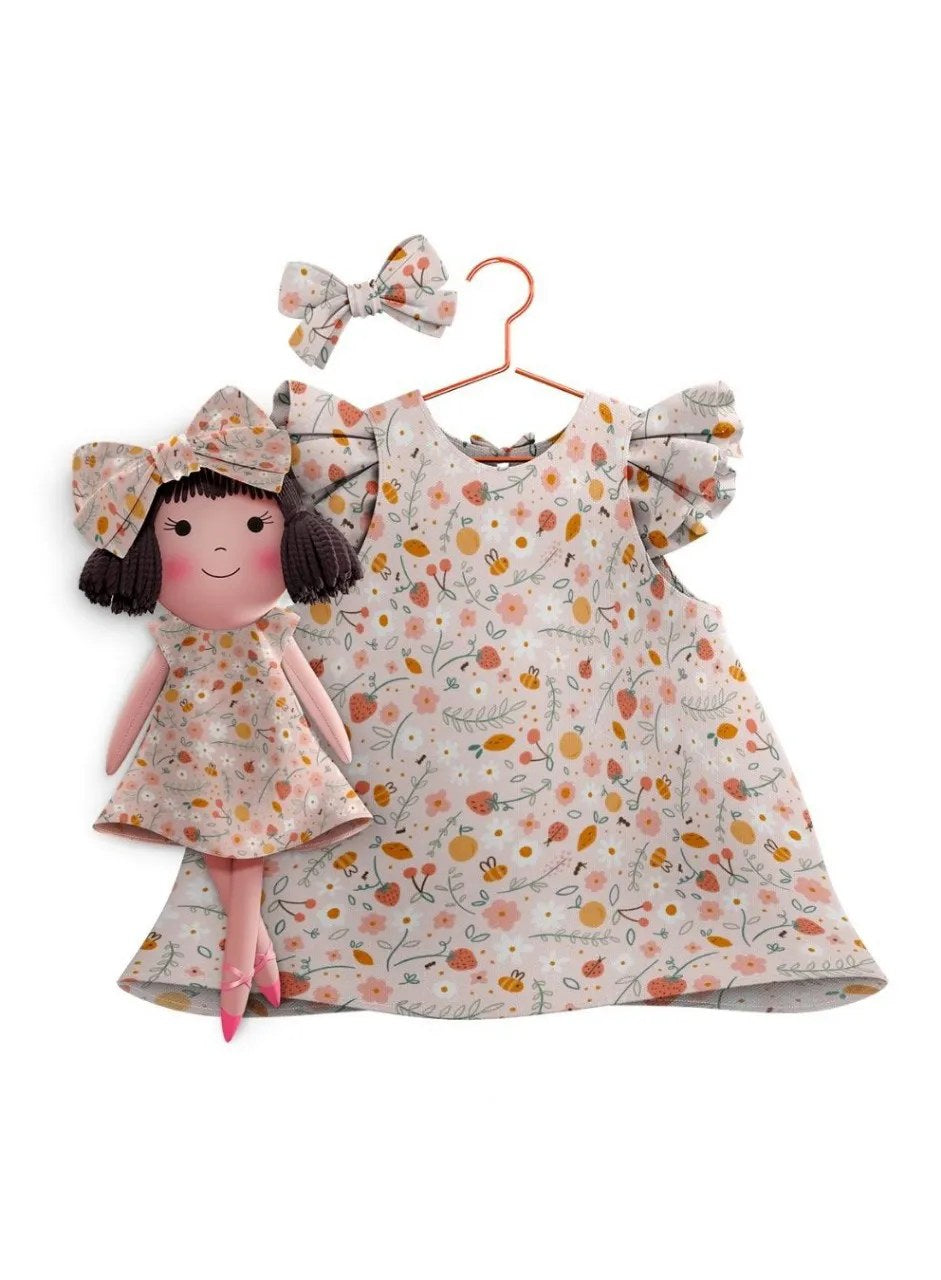 Girls cotton dress with matching handmade cloth doll