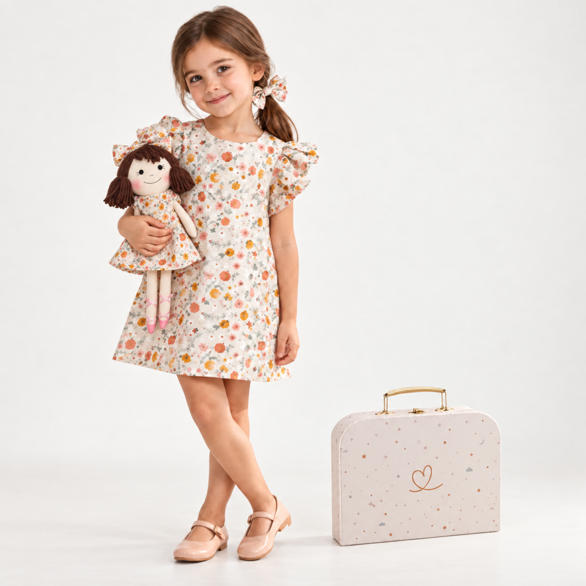 Girl in Picnic dress holding matching Alice doll, with Petit Case