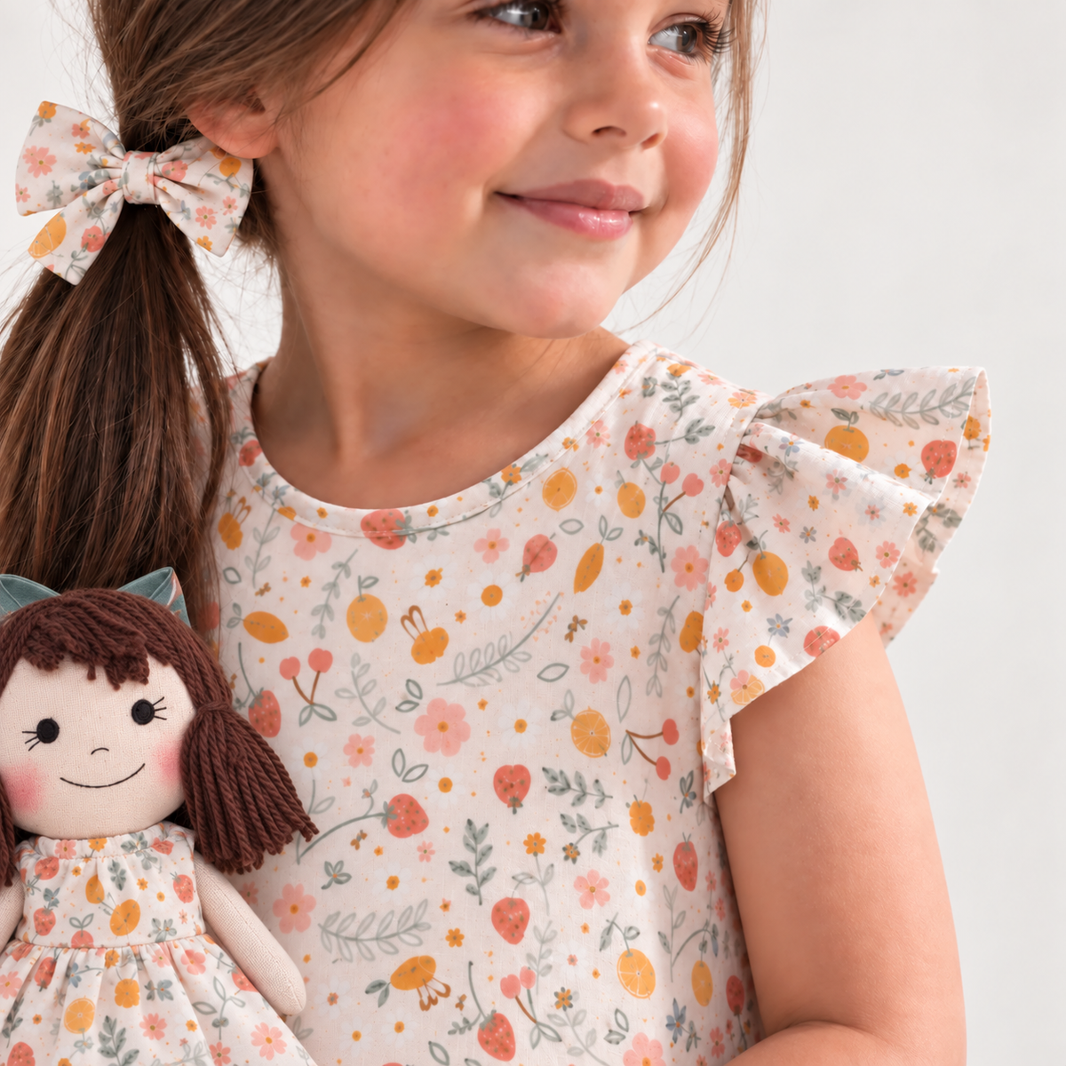 Girl in Picnic dress holding matching Alice doll, with Petit Case