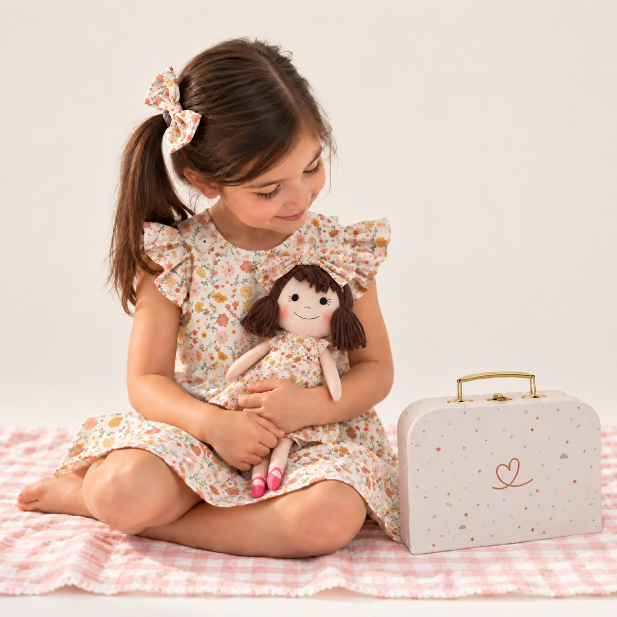 Girl in Picnic dress holding matching Alice doll, with Petit Case