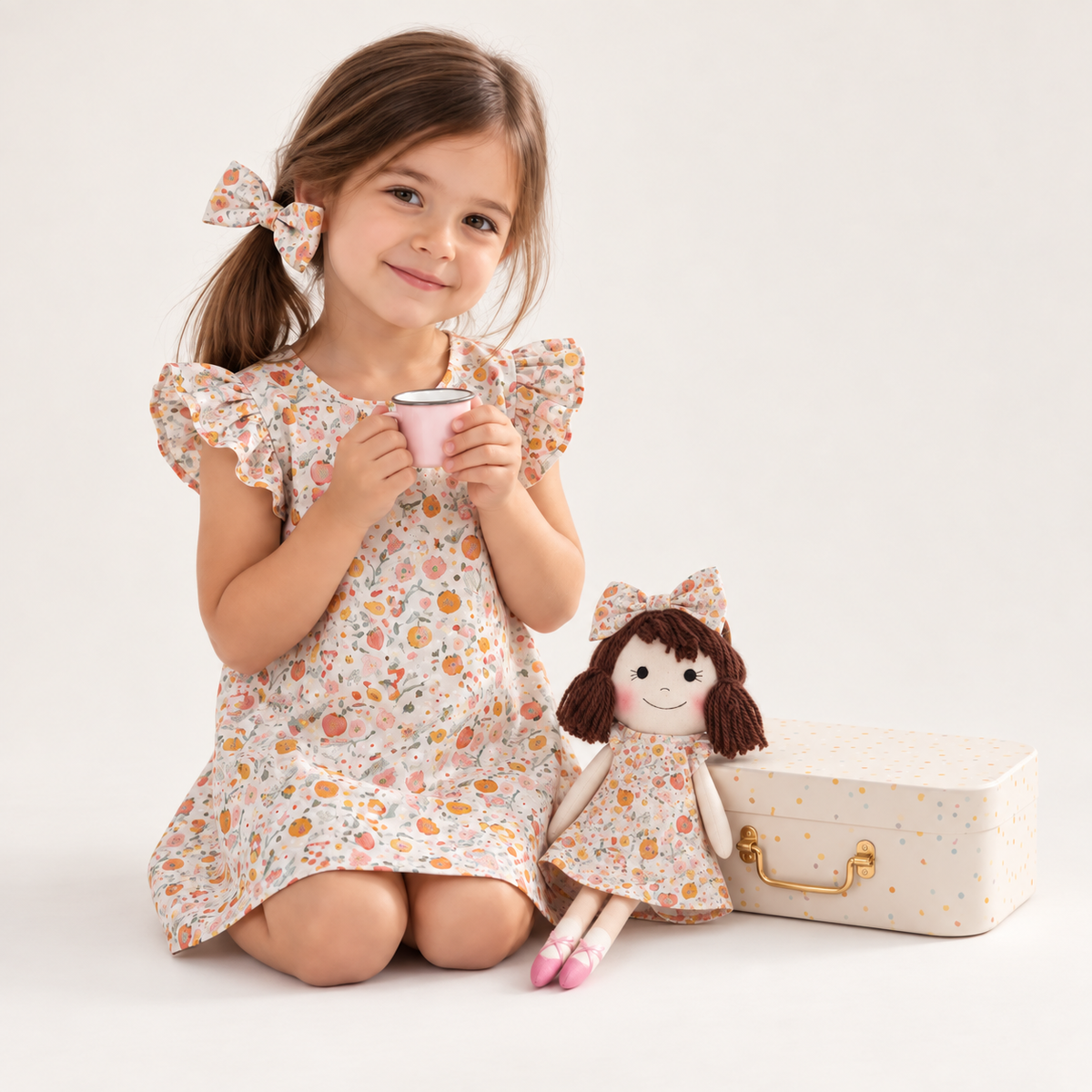 Girl in Picnic dress holding matching Alice doll, with Petit Case
